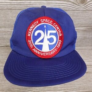 Vintage Kennedy Space Center Hat Cap Snap Back Blue Mesh Trucker Patch Mens 80s